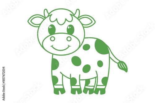 Cartoon dairy cow outline displays a friendly smile, accented with green spots and soft edges