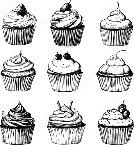 Artistic illustration of various styled cupcakes on a cream background.