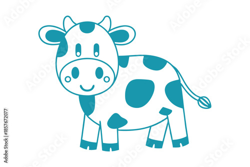 Outlined cartoon cow displays blue spots with its simple yet endearing smile in white background