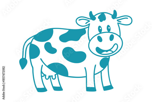 Cartoon cow illustration features cheerful face and distinctive teal markings on a white background