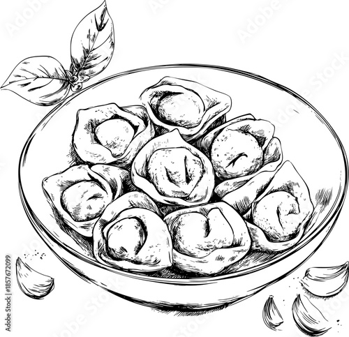 Bowl filled with hand-drawn dumplings and aromatic basil leaves.