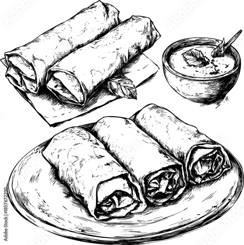 Delicious rolled pastries served with a creamy dipping sauce.