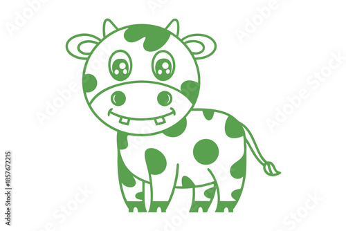 Cute cartoon green cow with spots and a friendly smile is standing calmly