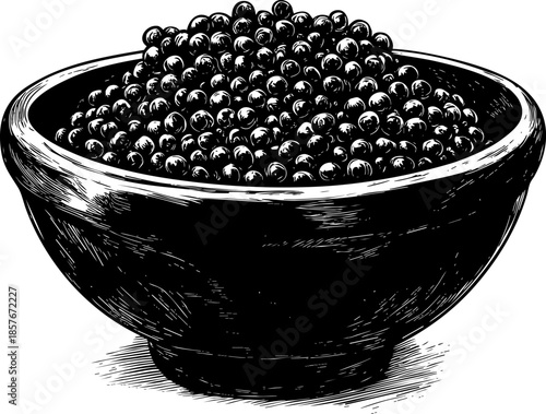 Detailed illustration of a bowl filled with black caviar.