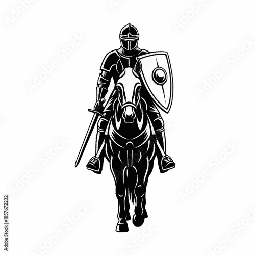 Knight on horseback with sword and shield.