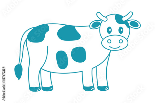 Cartoon dairy cow with blue spots and outline smiles gently on a white background