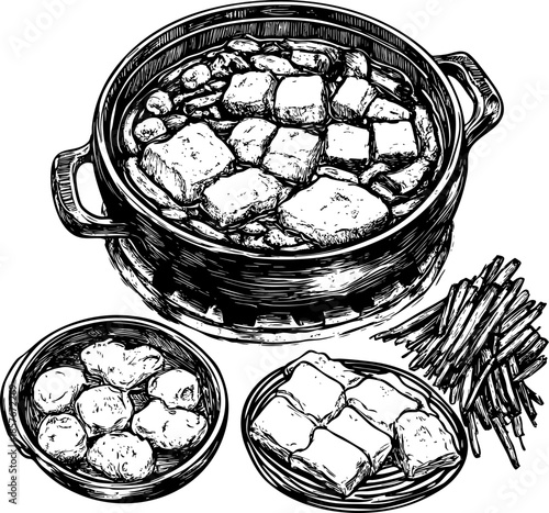 Detailed illustration of a hot pot meal with ingredients.