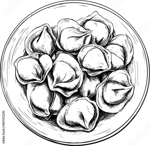 Detailed sketch of a bowl filled with dumplings.
