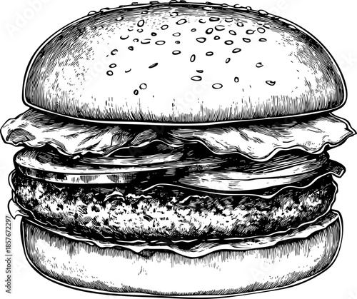 Detailed sketch of a delicious layered hamburger with toppings.