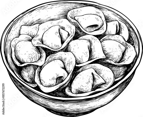 Detailed line art illustration of dumplings in a bowl.