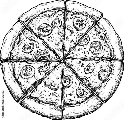 Hand-drawn illustration of a sliced pizza topped with vegetables.