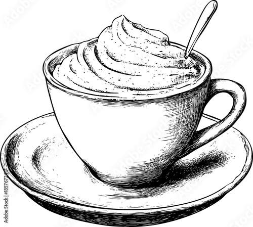 Illustration of a cup filled with whipped cream on a plate.