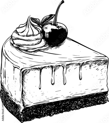 Illustration of a decadent cheesecake topped with cherry.