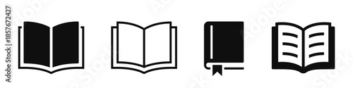 Book icon set. Opened book, library, education, novel, paper, scripture. Simple linear and flat style - stock vector.