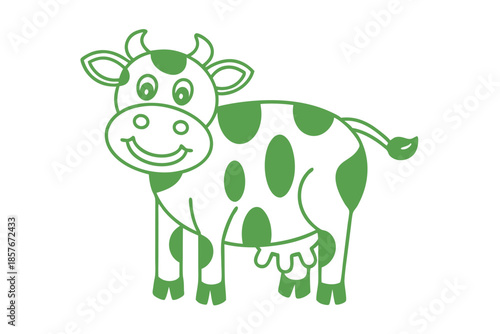 Cute cartoon green cow smiles gently, presented on a clean white background