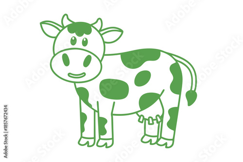 Cartoon cow stands cheerfully displaying its green spots against a white background today