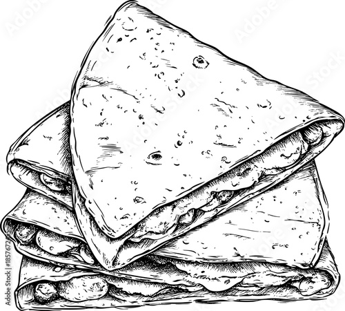 Illustration of stacked savory crepes with filling and texture details.