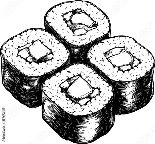 Illustration of sushi rolls arranged in a square shape.