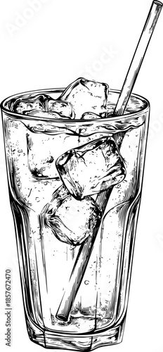 Sketch of a tall glass filled with ice cubes and bubbles.