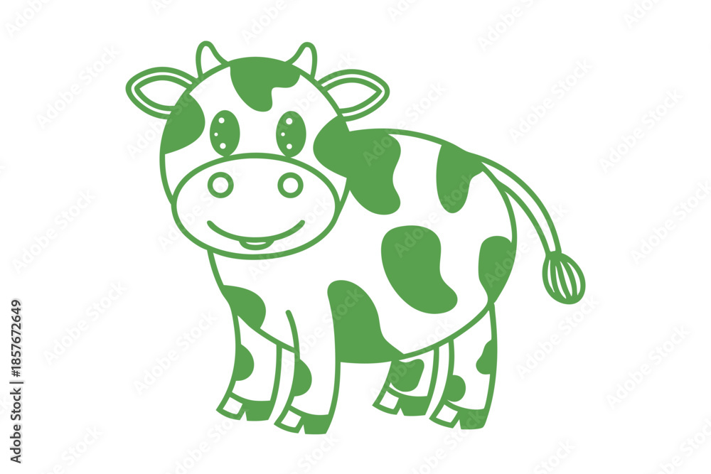 Fototapeta premium Adorable cartoon cow with green spots is standing and smiling on white