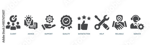 Customer care concept icon illustration with icon of client, advice, support, quality, satisfaction, help, reliable and service.