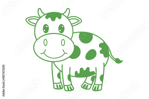 Cheerful cartoon cow with spots stands, featuring a simple, green outline drawing