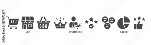 NPS concept icon illustration for net promotor score with icon of shopping, customer, rating, like, premium, and store.