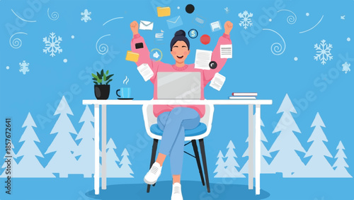 Happy Woman Multitasking at Laptop with Flying Tasks During Winter Holidays