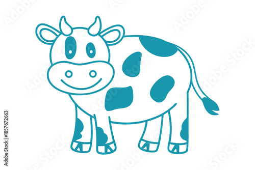 A cute blue cartoon cow with black spots stands peacefully on white