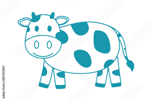 Cartoon aqua cow with spots displays a charming and cheerful demeanor against a clean backdrop
