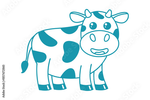 Cartoon cow with teal spots cheerfully smiles, standing on a white background