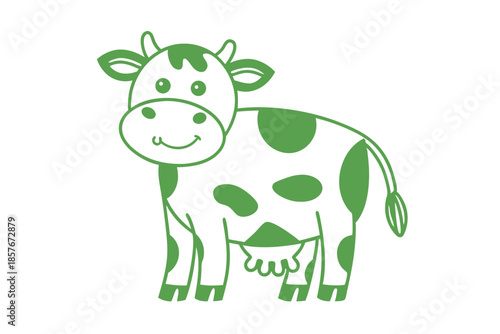 The green cartoon cow with spots and horns stands on white background