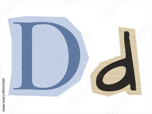 Uppercase and lowercase letter D on paper in scrapbooking style. Graphic element for a collage
