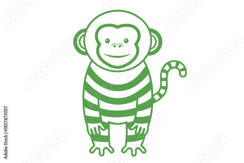 Green striped monkey smiles innocently standing up with its cute tail