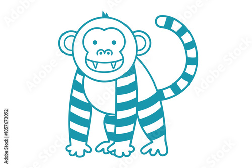 Turquoise outline of a cute monkey with stripes smiles on the white background