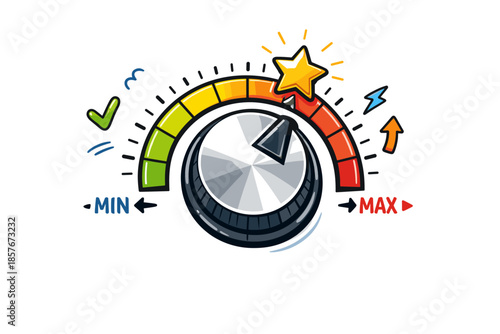 Colorful gauge illustration showing progress with star rating icon