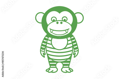 Green monkey smiles widely with a toothy grin, wearing a striped shirt, vector