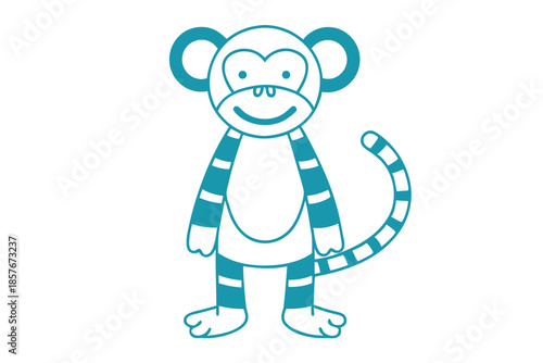 Playful cartoon monkey with blue stripes cheerfully stands on a plain white background
