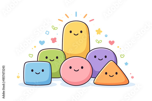 Cute smiling geometric shapes with happy faces and decorative elements
