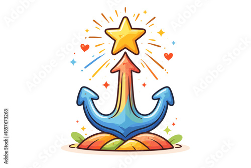 Colorful anchor and star with vibrant arrows and radiant background