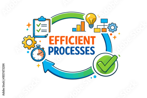 Efficient processes concept with gear clock checklist light bulb and graph symbols