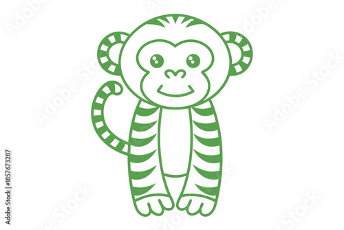 Cartoon monkey rendered in green outlines shows a smiling face with patterned limbs