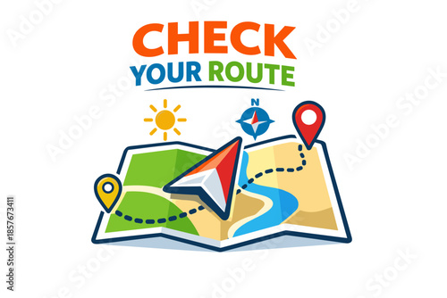 Colorful navigation concept with map, compass, and pins for route checking