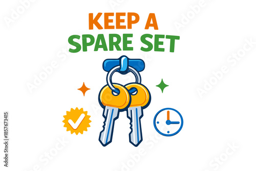 Keep a spare set: illustrated keychain with keys, clock, and checkmark symbol