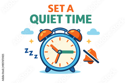 Set a quiet time: cartoon clock with silenced alarm and peaceful elements