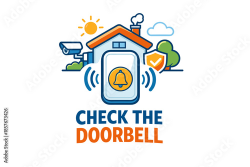 Smart home security icon with doorbell alert and surveillance camera