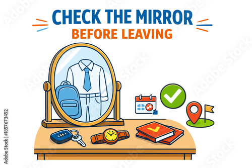 Reminder to check essentials before leaving: mirror, checklist, and daily items