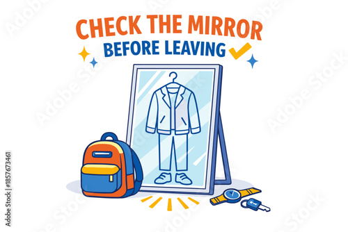 Mirror check reminder with suit reflection, backpack, and everyday items