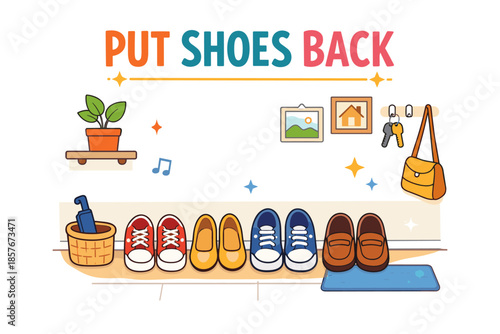 Organized shoe rack with colorful footwear and accessories in entryway