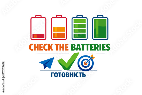 Battery charge levels and readiness with icons in english and ukrainian text